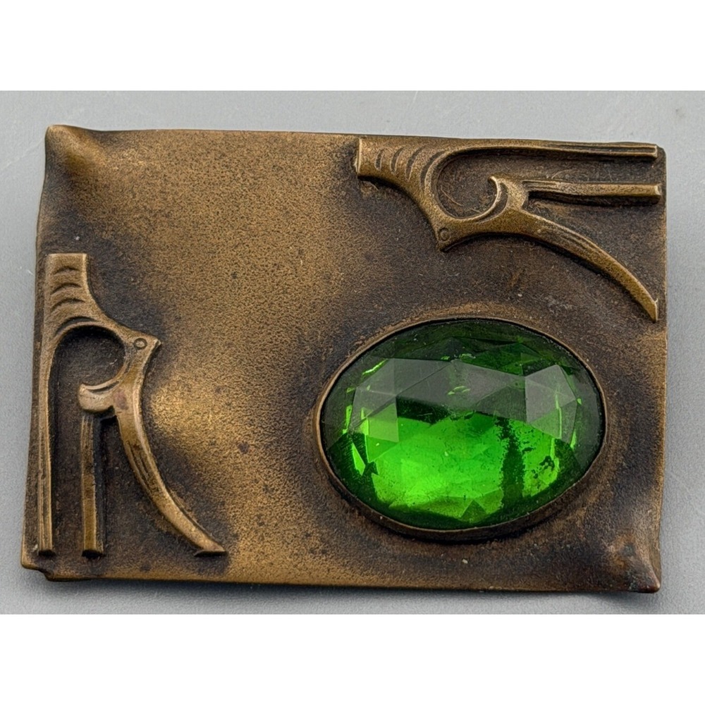 Vintage Art Nouveau Style Brooch Bronze Tone Large Faceted Green Glass Stone